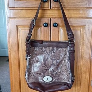 Fossil Vintage Maddox Brown Snake Print Bucket Bag